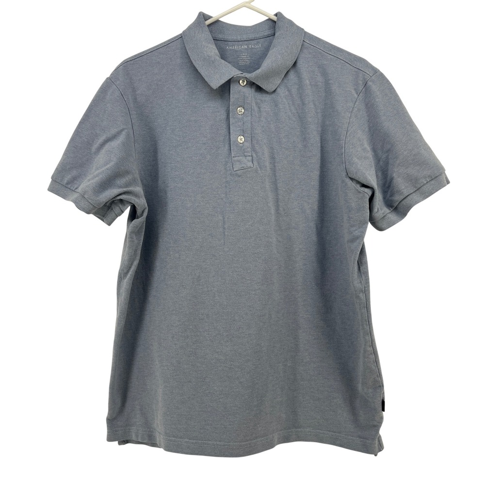 American Eagle Mens L Light Blue Heather Cotton Pique Short Sleeve Polo Shirt